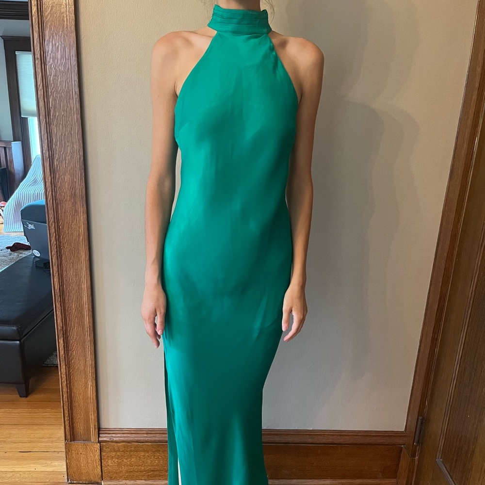 Meshki Claire Satin Drape Back Maxi Dress Green
